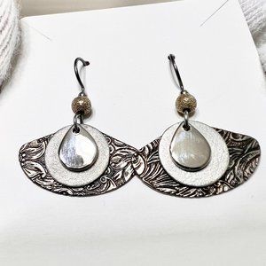 1980's Vintage Silver Stainless Steel Embossed Floral Art Deco Hook Earrings
